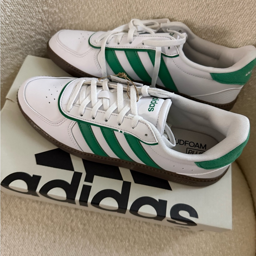 Adidas Women's White and Green Sneakers with Brown Sole